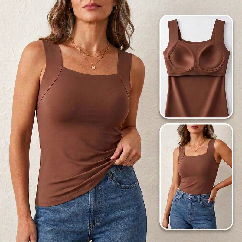 The tank in chocolate brown, with the built-in bra shown inside