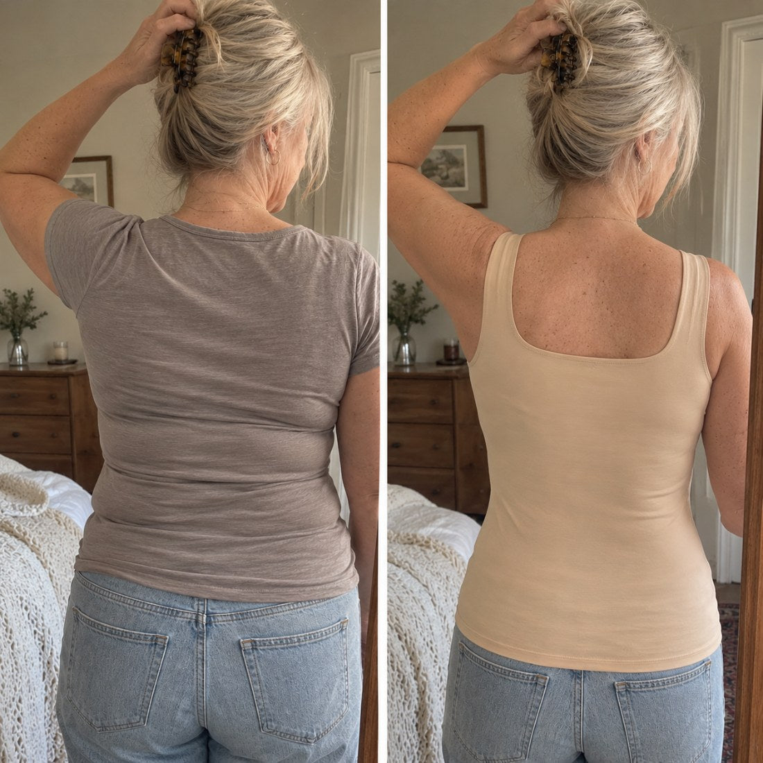 The same view from behind, in a fitted tee and then in the tank